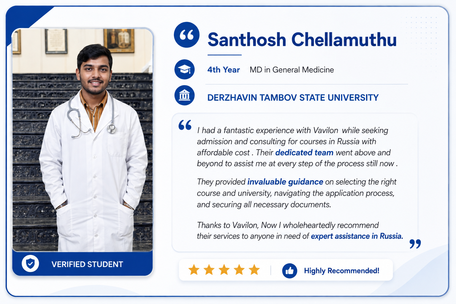 Santhosh Chellamuthu, MD in General Medicine student at Derzhavin Tambov State University